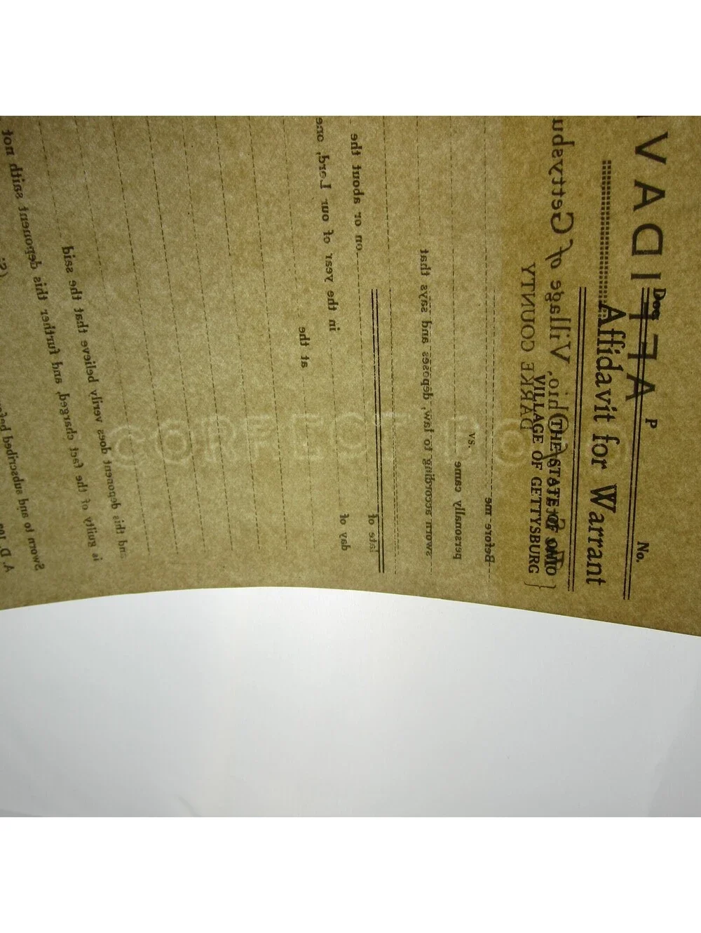 Antique 1920s Gettysburg Ohio Affidavit For Warrant Police Record Form Blank
